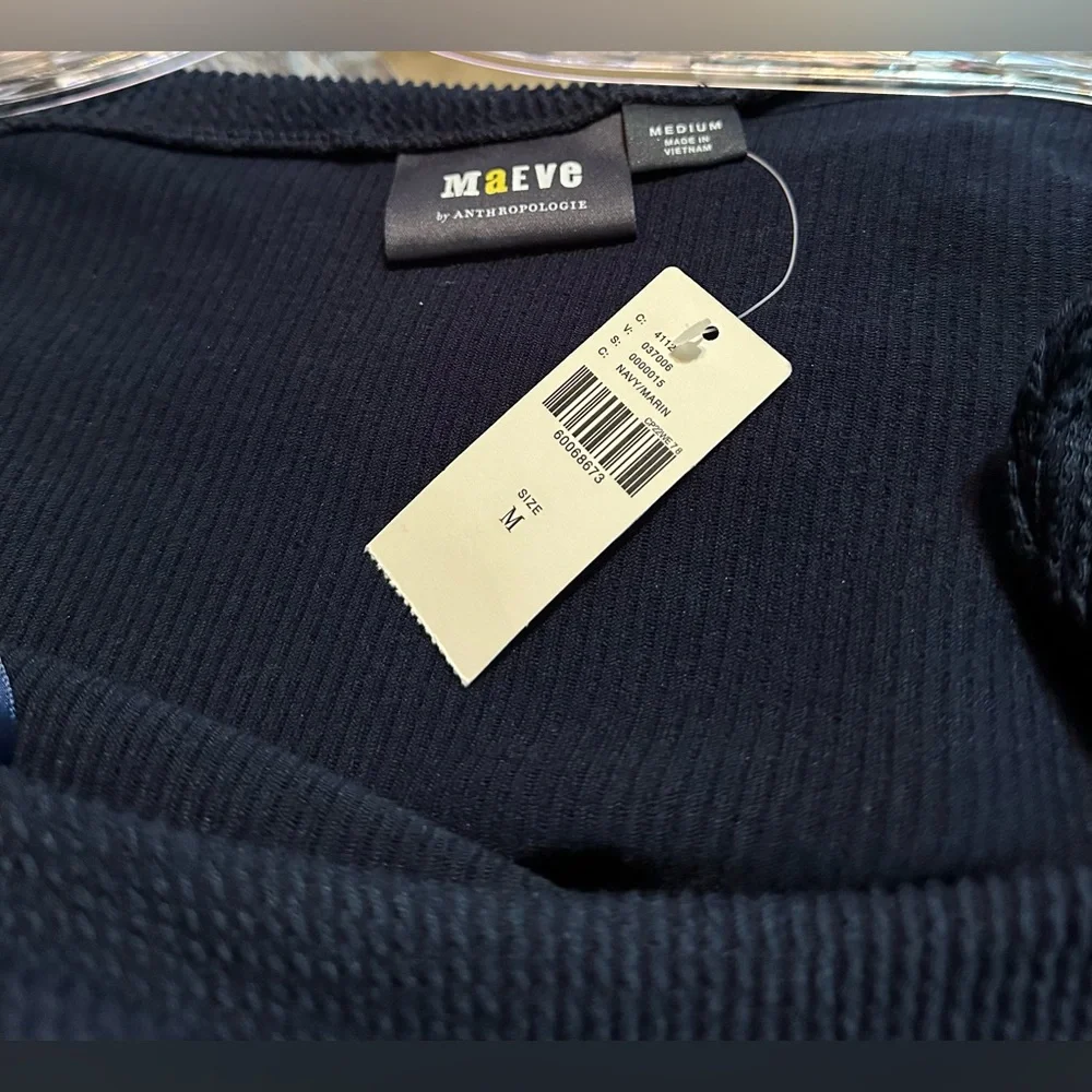 Anthropologie Maeve Boat Neck Top Textured Long Sleeve Navy Blue Size M NWT - Picture 3 of 4